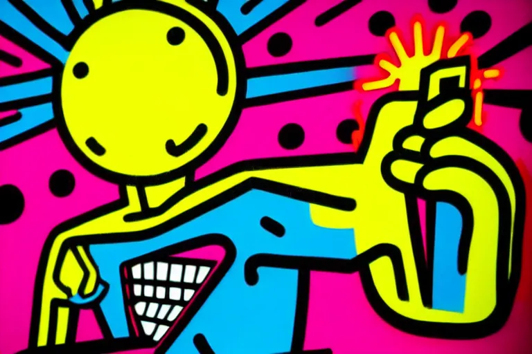 Prompt: pop art of someone taking a selfie smiling during the apocalypse, bright neon colors, intricate details, complementary colors, detailed face, backlighting, octane render, depth of field, extremely detailed, trending in artstation, focus on face, sharp focus, radiant light, beautiful composition, drawn by roy lichtenstein, keith haring, romero britto