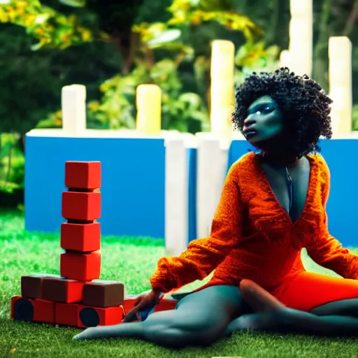 Image similar to cinematic photo of a beautiful dark blue skinned axolotl woman lit with saturated split colour yellow and red lighting playing giant jenga on the lawn