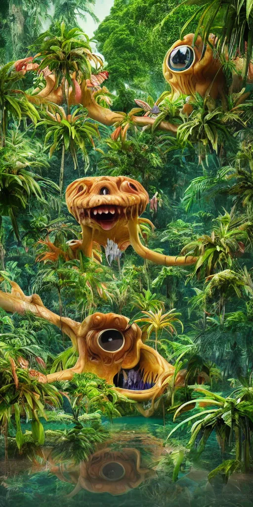 Image similar to of a tropical rainforest lake with strange cute friendly happy creatures with huge eyes, mouth, long tongue, round teeth and goofy face, appearing from the treesl, in the style of gehry and gaudi, macro lens, shallow depth of field, ultra detailed, digital painting, trending artstation, concept art, illustration, cinematic lighting, photorealism, epic, octane render