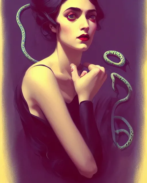 Image similar to surreal stylized portrait by aykutmakut of an artistic pose, composition, young victorian sad fancy lady, surrounded by snakes, cinematic moody colors, realistic shaded, fine details, realistic shaded lighting poster by ilya kuvshinov, magali villeneuve, artgerm, jeremy lipkin and michael garmash and rob rey