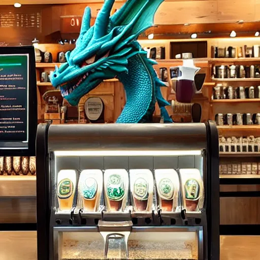 Image similar to a dragon getting coffee at starbucks. realistic high resolution color photo 2 0 2 2