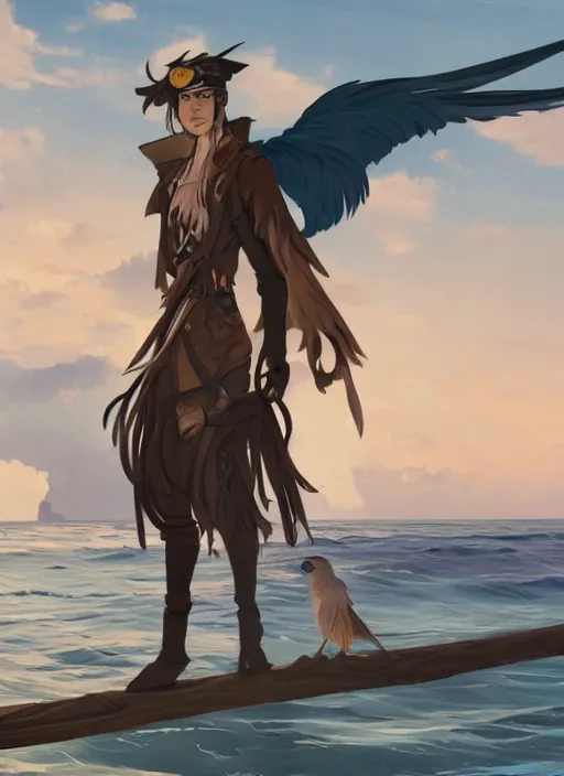 Image similar to concept art painting of an androgynous bird person with human face and black feathers, pirate clothes, by the ocean, detailed, cel shaded, in the style of makoto shinkai and james gurney and moebius and greg rutkowski and artgerm