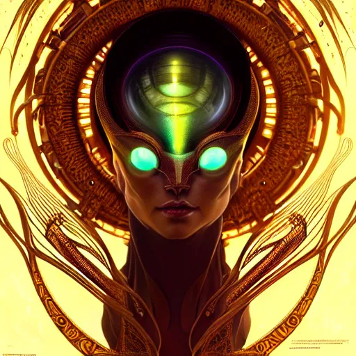 Image similar to hyper advanced alien evolved from a locust, sci fi, glowing eyes, volumetric lights, gold theme, art nouveau botanicals, intricate, highly detailed, digital painting, artstation, concept art, smooth, sharp focus, cinematic, illustration, beautiful face, art by artgerm and greg rutkowski and alphonse mucha