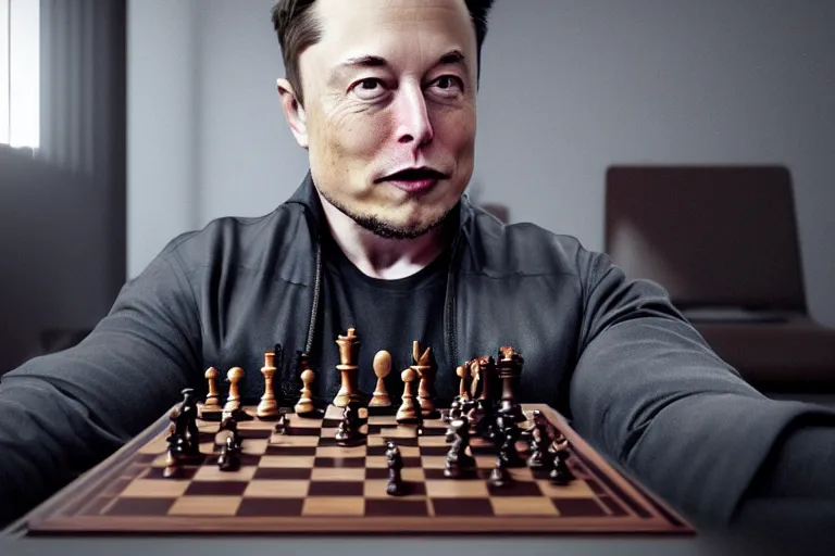 Prompt: elon musk playing chess hyperrealistic, octane render