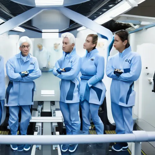 Image similar to group of athletic humans with light blue neoprene suits and white hair standing in tight formation on a conveyor belt, futuristic laboratory, sci - fi, highly detailed, hyperrealistic