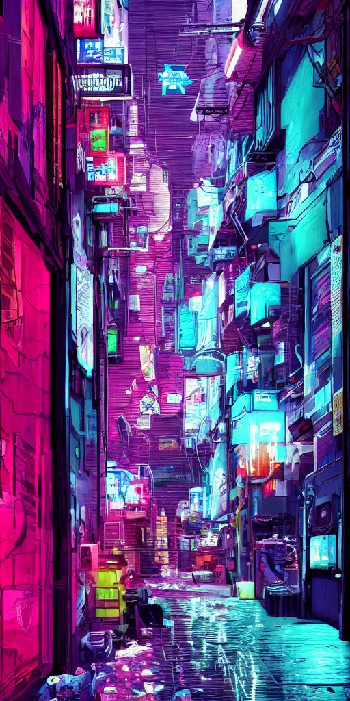 Prompt: cyberpunk alley, pop art, rtx, 8 k, ray tracing, highly detailed, cold colors, rain,