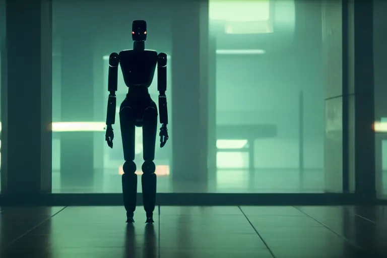 Image similar to film still of closeup sleek futuristic humanoid robot in blade runner 2 0 4 9, lobby, cinematic, moody, gritty neon noir by emmanuel lubezki