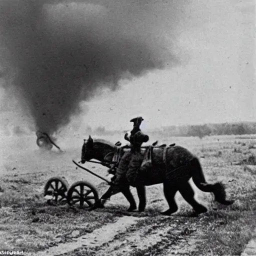 Image similar to a picture of a enormous bear pulling a towed artillery piece behind him like a horse, eastern front, historical picture