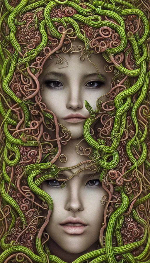 Image similar to very detailed portrait of a 2 0 years old girl surrounded by tentacles, the youg woman visage is blooming from fractal and vines, by naoto hattori