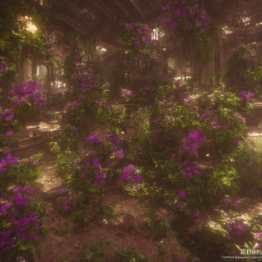 Prompt: chromatic library, spiral, unreal engine, global illumination, flowers, smoke, detailed and intricate environment, mysterious, comfort, in the style of aetherpunk