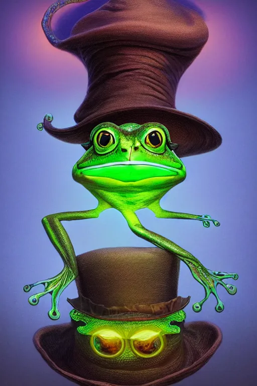 Image similar to Bioluminescent, portrait of frog wearing wizard hat, very intricate , trending on artstation , very elegant, in the golden hour by Daniel Merriam, Trending on Artstation, oil on Canvas by Elena Zhurikhina and Goro Fujita and Charlie Bowater, octane render, 4k, 8k, HD