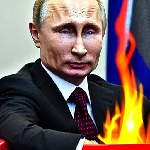 Image similar to putin with his face in his hands with a laptop which is on fire sitting next to him on the ground.
