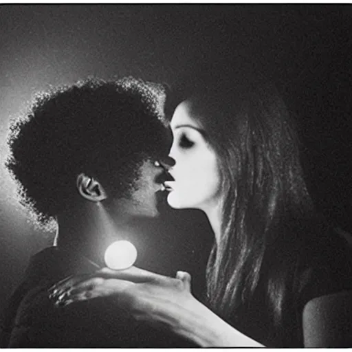 Image similar to a night - vision photo of prince kissing a woman in low light. it's so dark, you can barely make out their features.