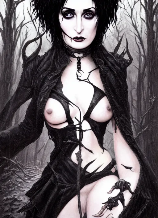 Prompt: portrait of siouxsie sioux, dark and ethereal, expressive pose, peaceful expression, dark gothic dress, fantasy, intricate, dark forest background, highly detailed, digital painting, artstation, concept art, smooth, sharp focus, illustration, art by artgerm and greg rutkowski and scott m fischer