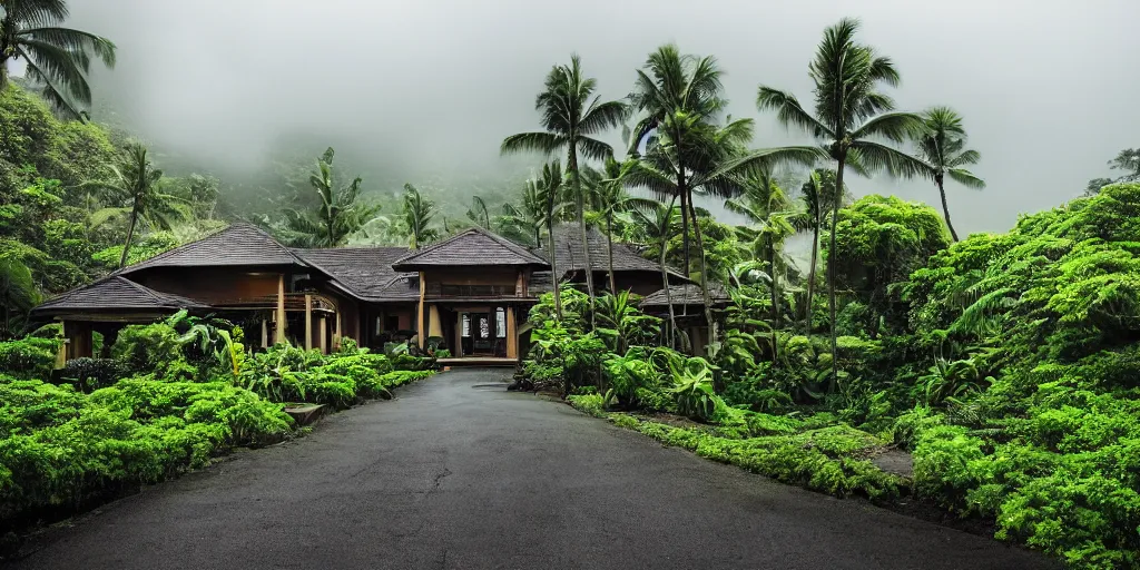 Image similar to a Hawaiian villa in the middle of an tropical forest, ominous Sky, gloomy atmosphere, cinematic, mist, High definition, 8k, ultra detailed