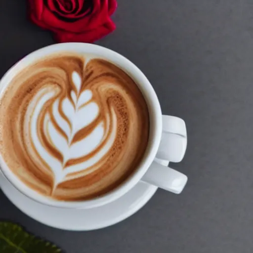 Image similar to photograph of a latte with a rose latte art, high quality, food, contrast