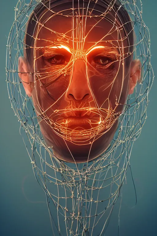 Prompt: organic cyborg head wrapped in barb wire by Jamie Coreth, trending on artstation, centered, symmetrical, cinematic lighting, hologram colors, bilateral symmetry, 80s poster, polished, thick smoke, retro dark vintage sci-fi, 2D matte illustration