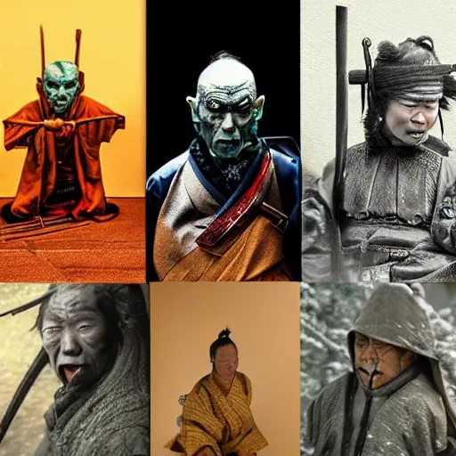 Image similar to samurai with gollum face, winter, snow, depressed, dark