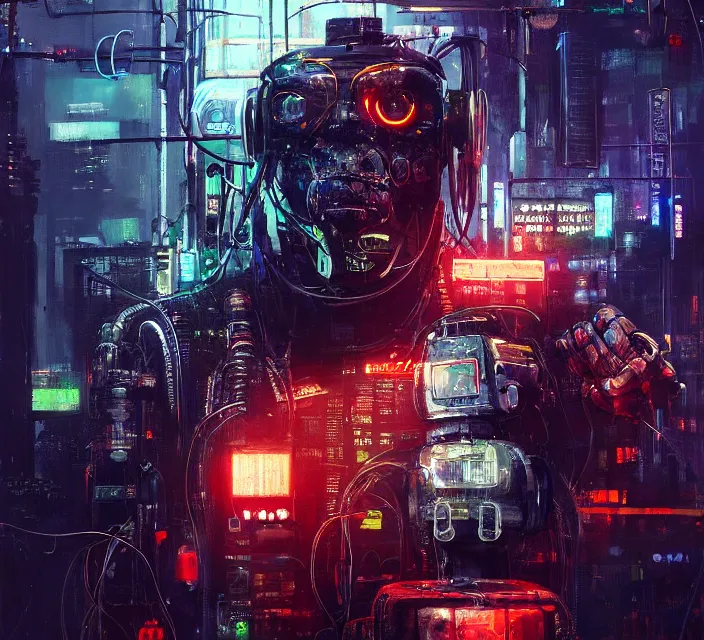 Prompt: robot cyborg bear, many wires and neon lights exposed, metal and glowing eyes, cyberpunk, highly detailed painting by jeremy mann and cd projekt red