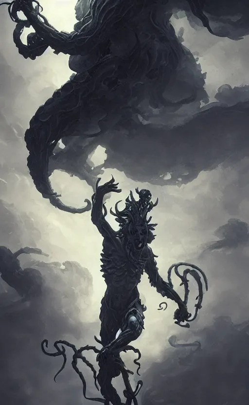 Image similar to four armed statue of a demon of the moon ascending from hell, four arms, dramatic lighting, flowing tendrils, artstation, concept art, smooth, sharp focus, illustration, art by greg rutkowski