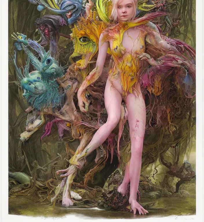 Image similar to elle fanning as a brightly colored harpy with wet mutated skin. she is trying on a amphibian alien suit. by tom bagshaw, donato giancola, hans holbein, walton ford, gaston bussiere, peter mohrbacher, brian froud and iris van herpen. 8 k, cgsociety