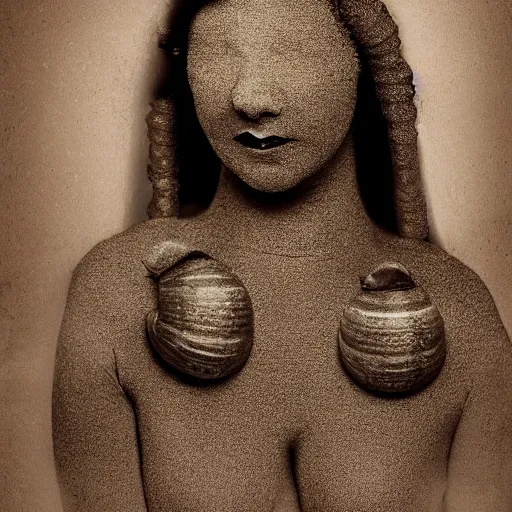 Image similar to modern full body color studio photograph of real snail woman, woman made out of snail