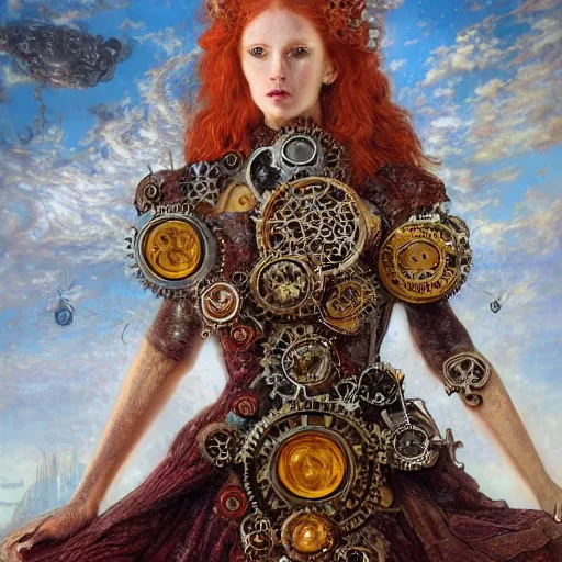 Prompt: A steampunk beautiful goddess, she is redhead, she is embellished with gears wheels and gemstones, by William Holman Hunt, Greg Rutkowski, Stanely Artgerm, Tooth Wu, Peter Gric, Aaron Horkey, trending on Artstation, digital art, mythological, symmetrical artwork, cinematic lighting, hyper realism, high detail, octane render, ultra realistic, golden ratio, 4k, 8k