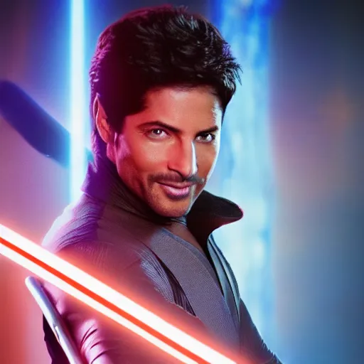 Image similar to Chayanne the singer as a jedi in star wars, holding a lightsabre. splash art, cinematic lighting, dramatic, octane render, long lens, shallow depth of field, bokeh, anamorphic lens flare, 8k, hyper detailed, 35mm film grain