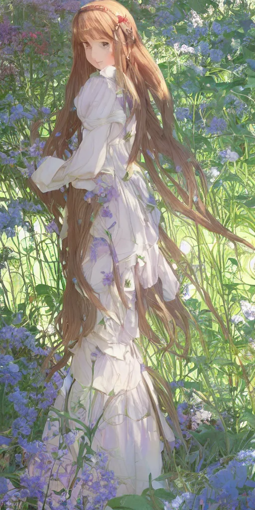 Image similar to a digital art of a loli with long hair in a dress in the privet garden at after noon, green and blue and warm theme, back lighting, by krenz cushart and mucha and akihito yoshida and greg rutkowski and makoto shinkai, detailed eyes, 4 k resolution, trending on art station