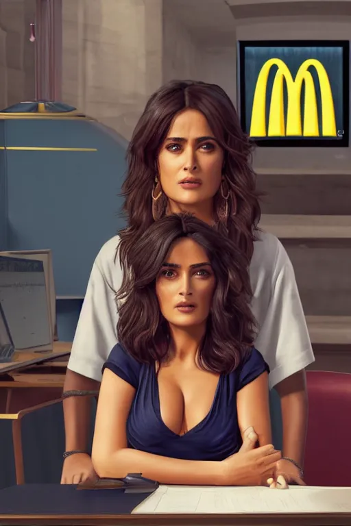 Image similar to salma hayek sitting at a desk, big bust v neck shirt, mcdonalds interior, highly detailed, wide shot, intricate, cute, mystical, sharp focus, Trending on Artstation HQ, deviantart, unreal engine 5, 4K UHD image