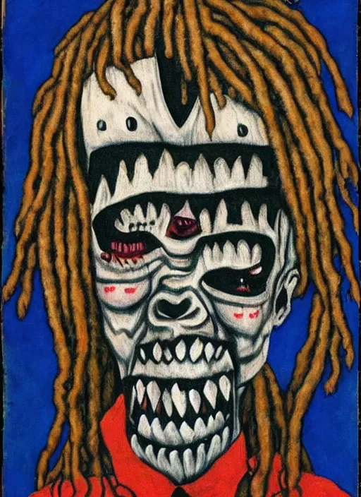 Prompt: a horror portrait of art brut by a psycho man with dreadlocks, full color outsider crazy marginal art