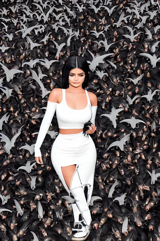 Prompt: kylie jenner in an apocalyptic world surrounded by bats