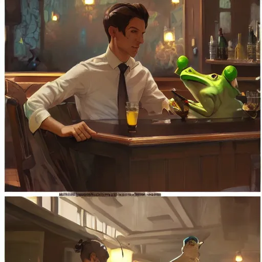 Image similar to Frog wearing business casual attire sitting in a bar and eating a bowl full of flies, digital painting, detailed, artstation, Krenz Cushart, Greg Rutkowski, Alphonse Mucha, Artgerm