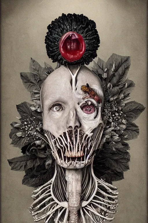 Image similar to Detailed maximalist portrait of an old woman with large lips and eyes, scared, botanical skeletal with extra flesh, HD mixed media, 3D collage, highly detailed and intricate, surreal illustration in the style of Caravaggio, dark art, baroque