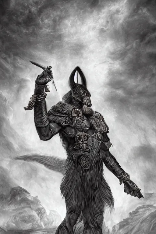 Image similar to Dog as Death Anubis, detailed face, gorgeous, amazing, flowing hair, very muscular plush male body, partial anatomy, stormy background, caesar victorious, proud Emperor, crepuscular ray, intricate, highly detailed, 8K, digital painting, fantasy, artstation, concept art, sharp focus, over-shoulder shot, illustration, art by Wayne Barlowe and alphonse mucha