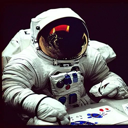 Prompt: an astronaut playing solitaire and winning in an academy, 3 5 mm photograph