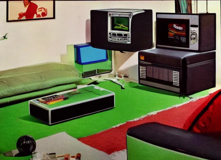 Image similar to 1 9 8 0 s living room with green carpet and a zenith television with atari 2 6 0 0, movie still, 8 k