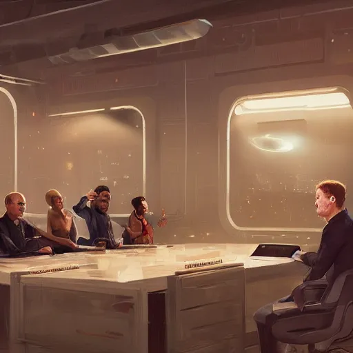 Image similar to scene of elon musk, mark zuckerberg, jeff bezos, in meeting together, very detailed, art contest winner on behance, trendy on deviant art, by artgem, greg rutkowski