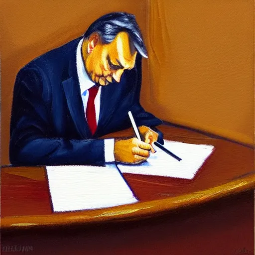 Prompt: viktor orban doodling in a cubicle, oil painting