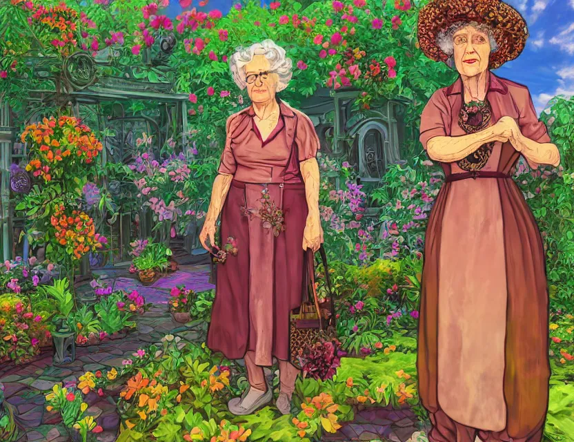 Prompt: granny in steampunk vaporwave courtyard garden. complementary colors, gouache, indie concept art, bloom, chiaroscuro, backlighting, intricate details.