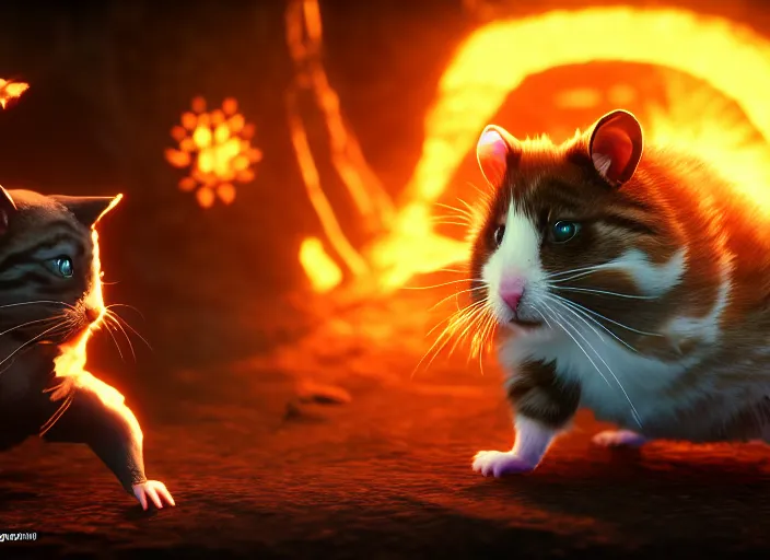 Image similar to hamster fights a cat in mortal kombat at a volcano with shao khan cheering in the background. fantasy magic style. highly detailed 8 k. intricate. lifelike. soft light. sony a 7 r iv 5 5 mm. unreal engine with nanite and path tracing