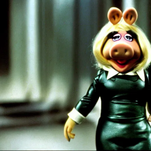 Image similar to movie still of miss piggy starring as trinity in the matrix 1 9 9 9 movie w - 7 6 8