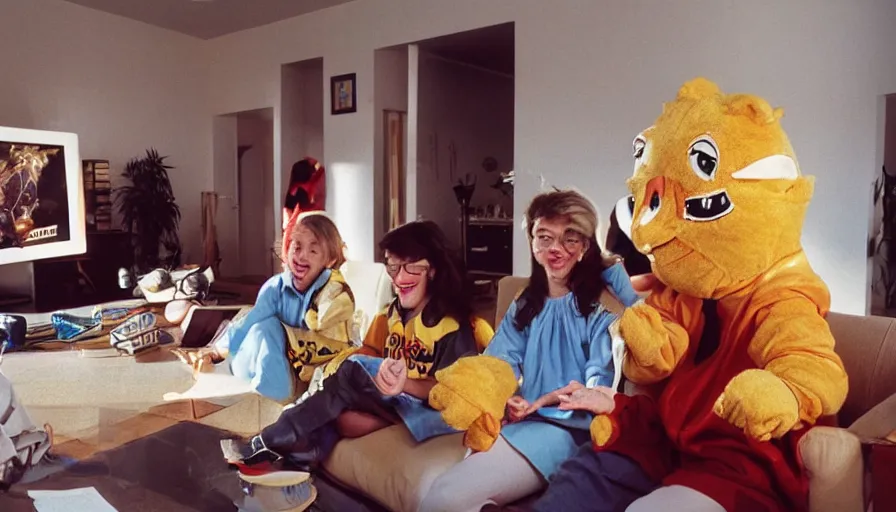 Prompt: 1990s candid photo of a beautiful day in the living room, cinematic lighting, cinematic look, golden hour, large costumed mascot business people giving spaceship presentations to families, Enormous personified business people with outstandingly happy faces coming out of a portal and talking to families about space and planets, UHD