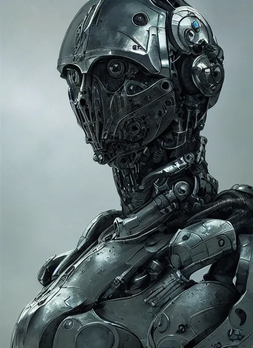 Prompt: portrait of a futuristic silver armored knight district 9 cyborg, in the style of annihilation, modern fine art, fractal, intricate, elegant, highly detailed, digital photography, subsurface scattering, by jheronimus bosch and greg rutkowski,