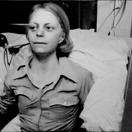 Image similar to photographs found from a lost hard drive that show horrifying images of special cases in a hospital, 1 9 7 4, cursed footage