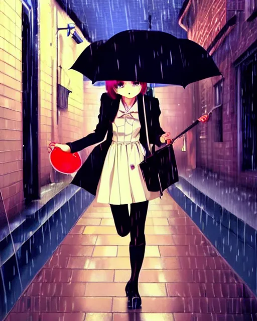 Prompt: cute girl with umbrella in the rain, walking in an alley. | very very anime!!!, fine - face, audrey plaza, realistic shaded perfect face, fine details. anime. realistic shaded lighting poster by ilya kuvshinov katsuhiro otomo ghost, magali villeneuve, artgerm, jeremy lipkin and michael garmash and rob rey