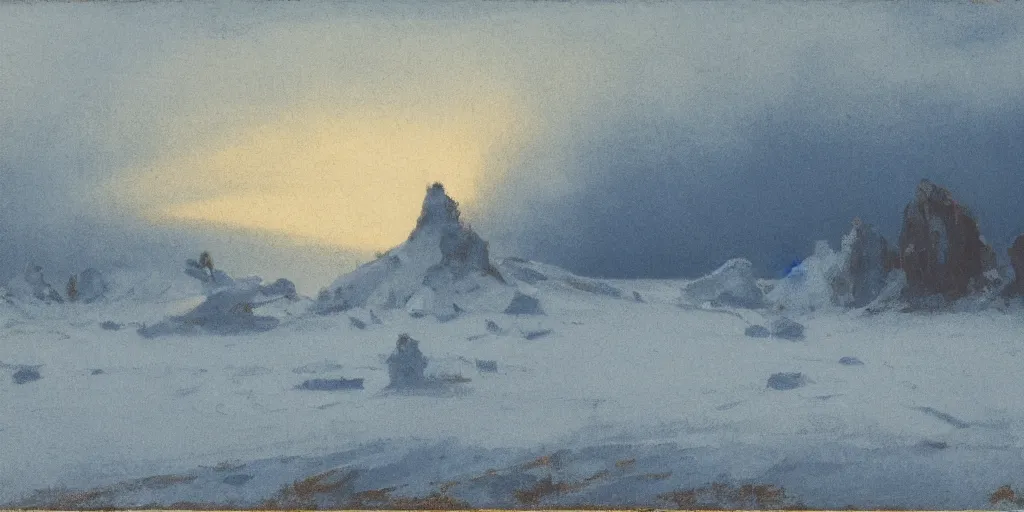 Prompt: tonalist landscape of arctic wasteland with chitinous spires, cerulean blue, payne's grey, titanium white, and venetian red, sharp details, high contrast, contre - jour, backlighting, golden ratio, crosshatching