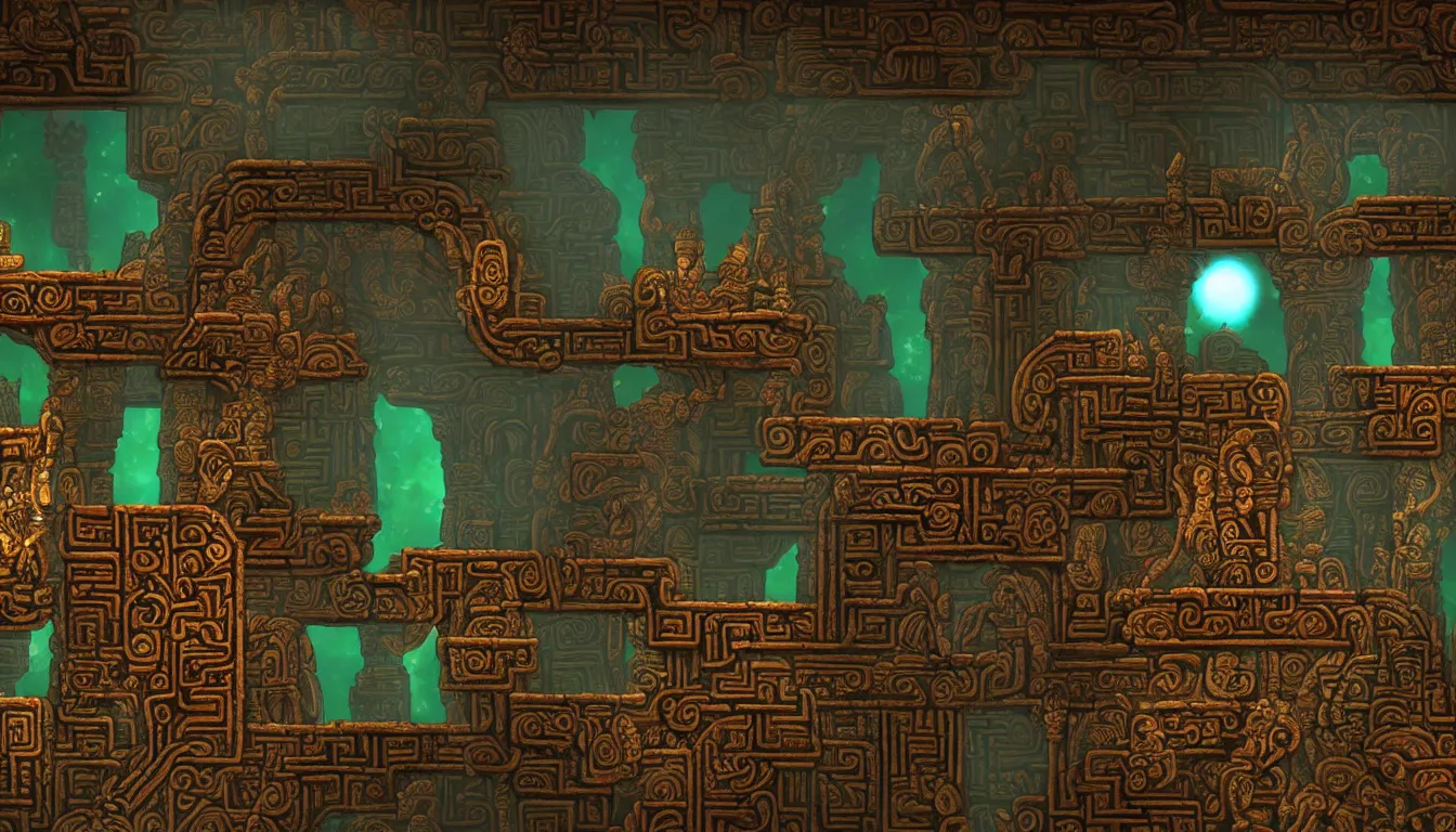 Image similar to majestic ancient mayan temple horizontal tunnel, side-scrolling 2d platformer game level, illuminated by torch lights, ruins with mayan glyphs, volumetric light , detailed carved ornaments, rich color, upscale , 8k