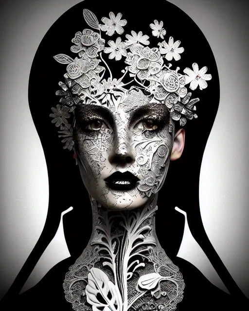 Image similar to masterpiece profile portrait painting, dutch masters, black and white, silver lace floral steampunk biomechanical beautiful one techno eye young female cyborg, big monocular, volumetric light, leaves foliage and stems, hibiscus flowers, by cecile beaton, rim light, big gothic fashion pearl embroidered collar, 8 k