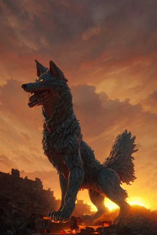 Prompt: a beautiful artwork illustration, statue of Fenrir standing over a medieval village at sunset, fiery destruction, by Greg Rutkowski and Jesper Ejsing and Raymond Swanland, featured on artstation, wide angle, vertical orientation